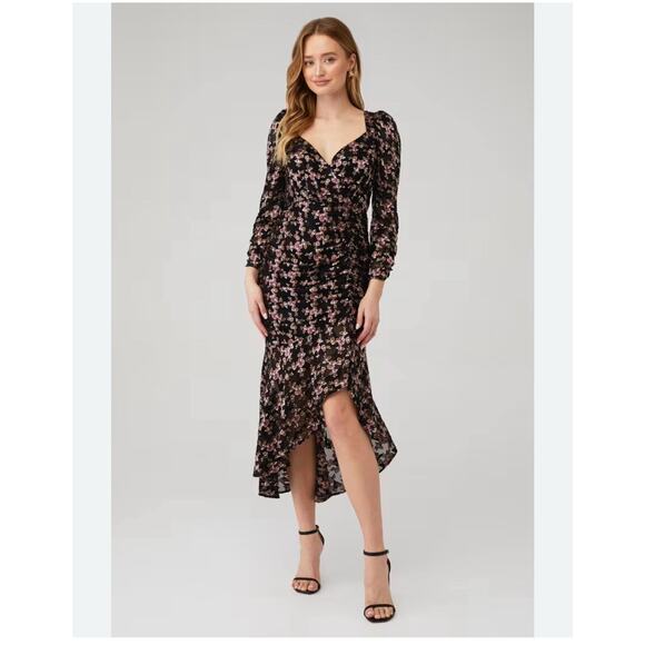 ASTR The Label Dark Floral Puff Sleeves Burntout Velvet Ruched Midi Dress Sz L - Picture 7 of 16